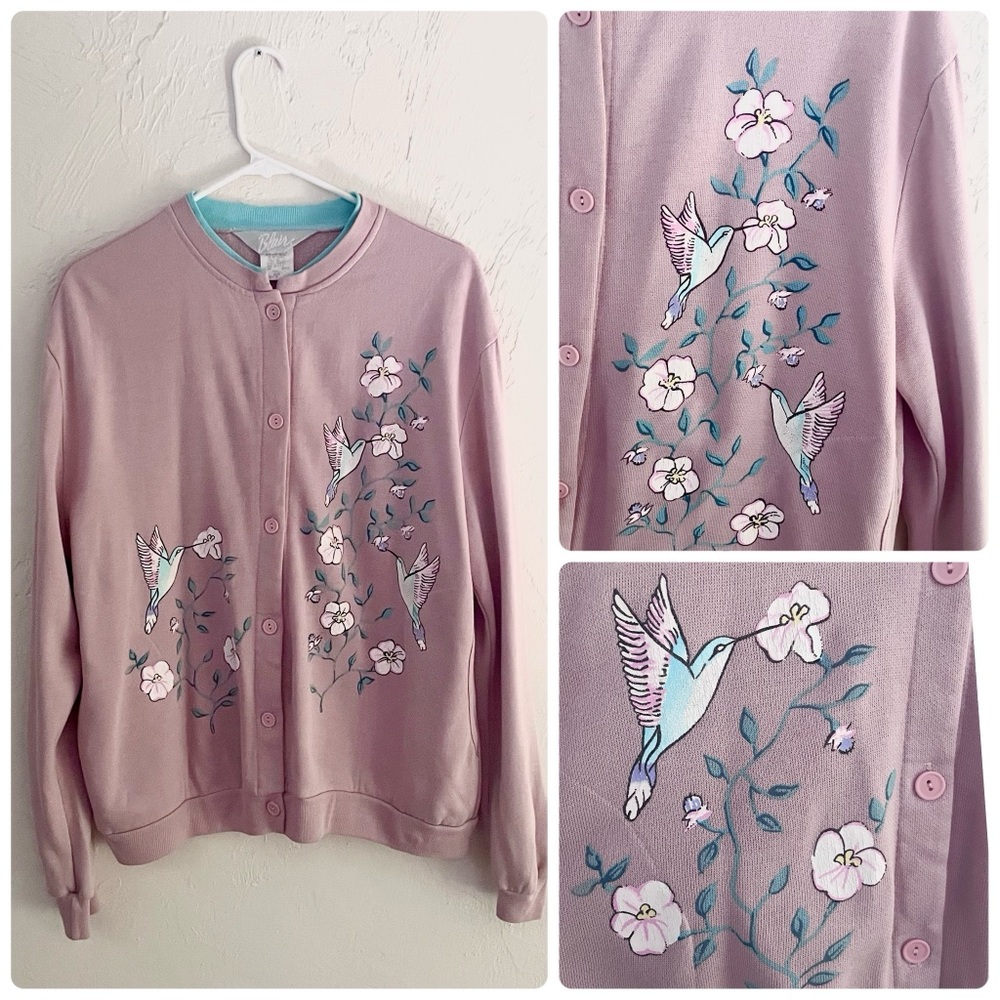 Vintage Floral Hummingbird Hand Painted Front Button Cardigan in Blush Pink